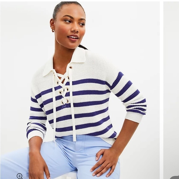LOFT NWT Striped Lace Up Polo Sweater Women's Medium Blue‎ White Nautical Preppy - Picture 1 of 10